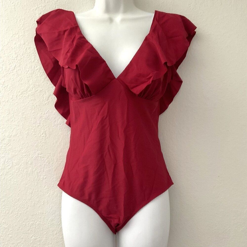 New Red Ruffle Plunge One Piece Swimsuit S